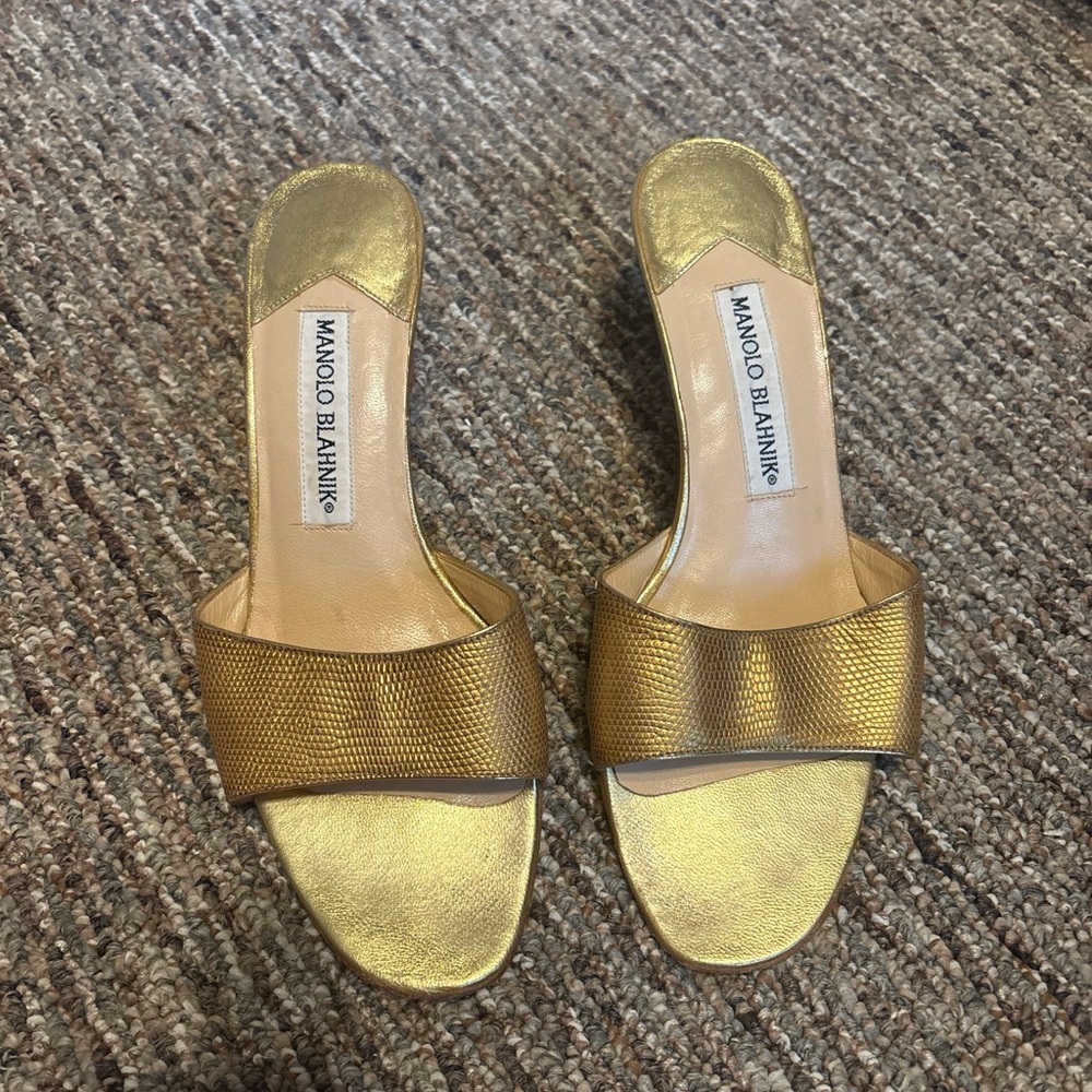Manolo Blahnik Metallic Gold Slide Sandals
